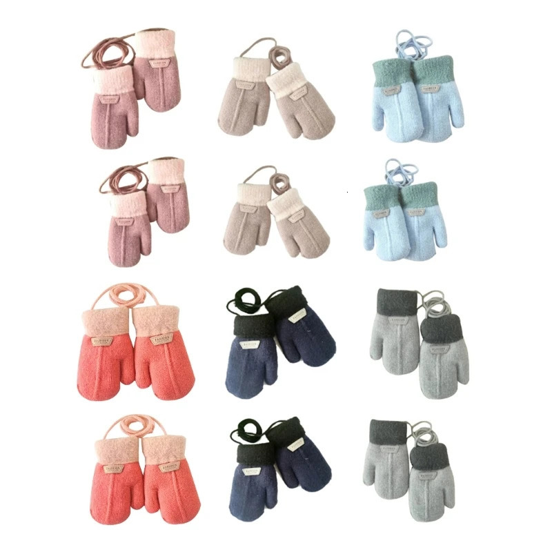17Y Baby Boys Girls Winter Knitted Gloves Warm Rope Full Finger Thick Mittens for Children Toddler Kids Accessories 241225