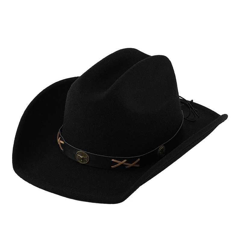 Felt denim hat copper cowhide braided rope Western style womens straw hat W241225