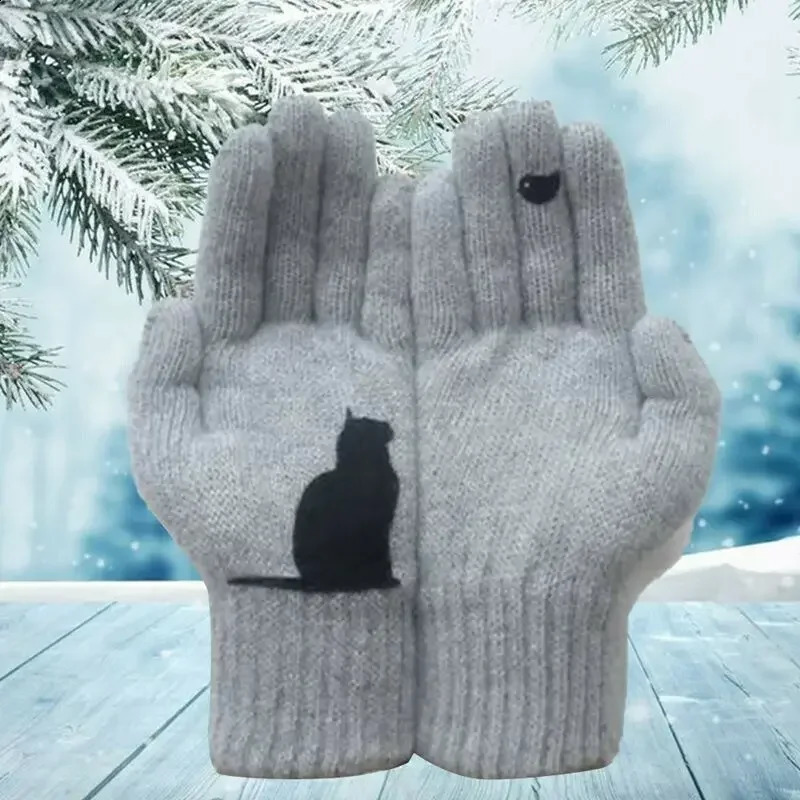 Winter Gloves for Men Women Teens Cute Cat and Bird Printed Thermal Knitted Gloves Windproof Winter Warm Mittens Glove Soft 241226