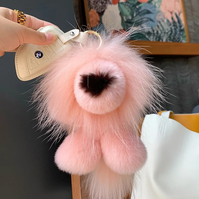 Cute Lion Real Rex Rabbit Fur Keychain Plush Toys Trinkets Women Bag Ornaments Pendant Car Keyring Rearview Mirror Decoration 241226