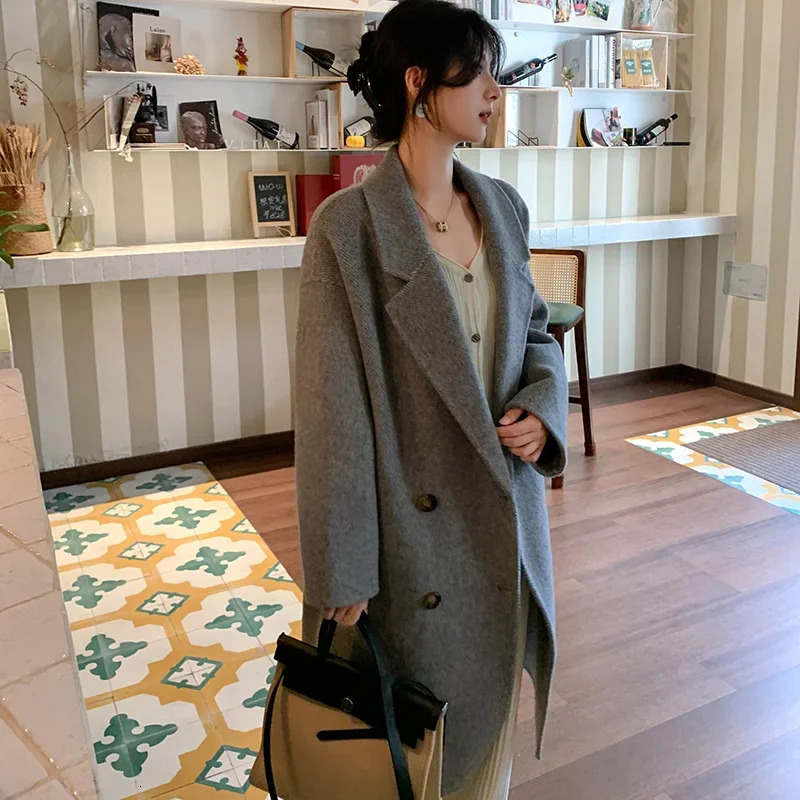 Highgrade alpaca doublesided cashmere coat womens midlength loose 2024 autumnwinter woolen thickened 241225