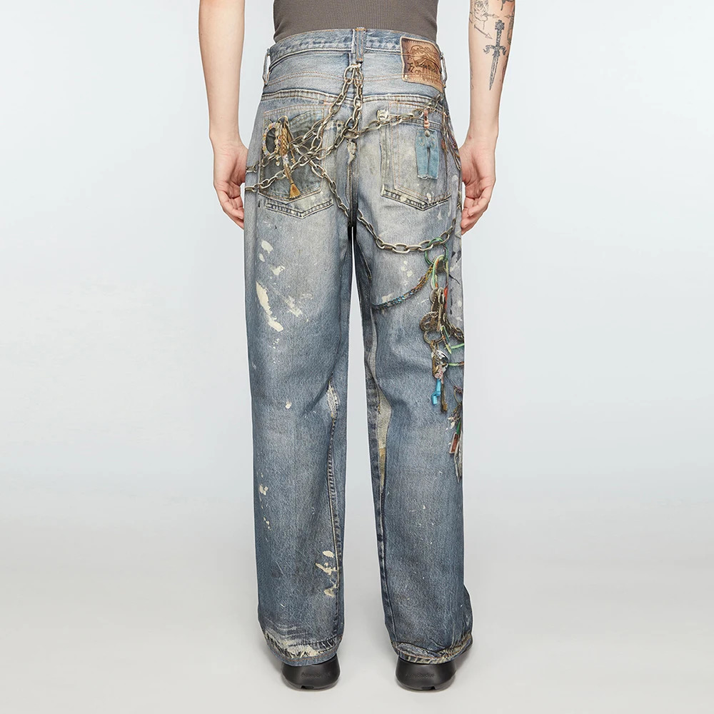 High Street Chain Print Frayed Washed Baggy Jeans for Men and Women Y2k Casual Loose Denim Trousers Ropa Hombre Casual Pants 241225