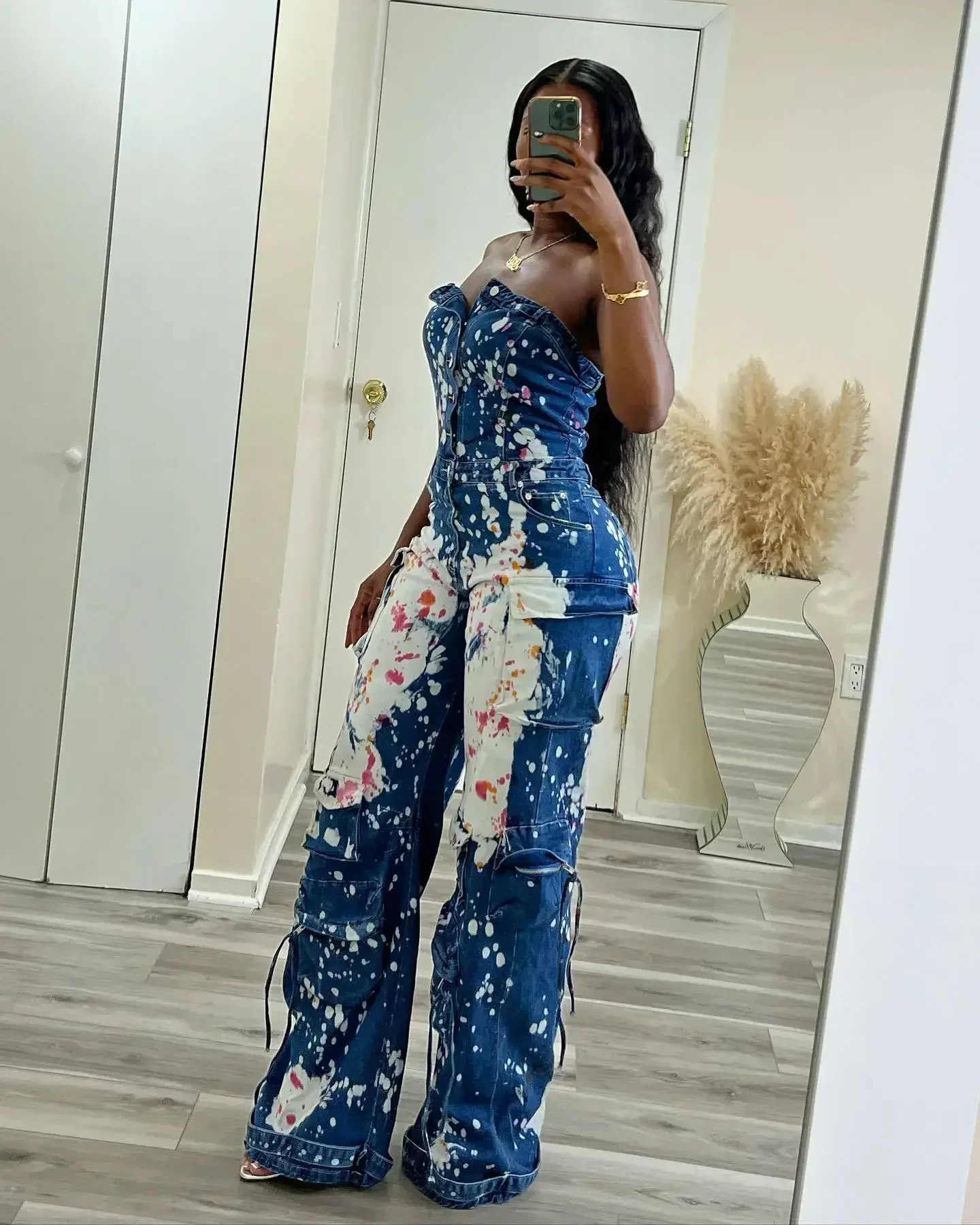 Women Graffiti Print Denim Jumpsuit Cargo Pockets Strapless Loose Wide Leg Jeans Romper Y2K Street Paint Splash Overall 241225
