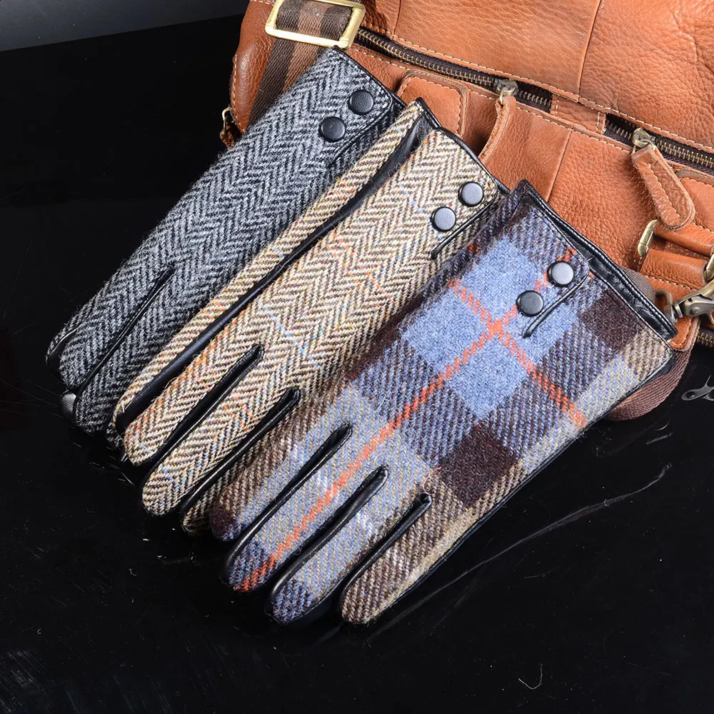 Mens Male Wool Tweed Leather Winter Warm Thicker Lining fashion Touch Screen Driving Short Gloves 241226