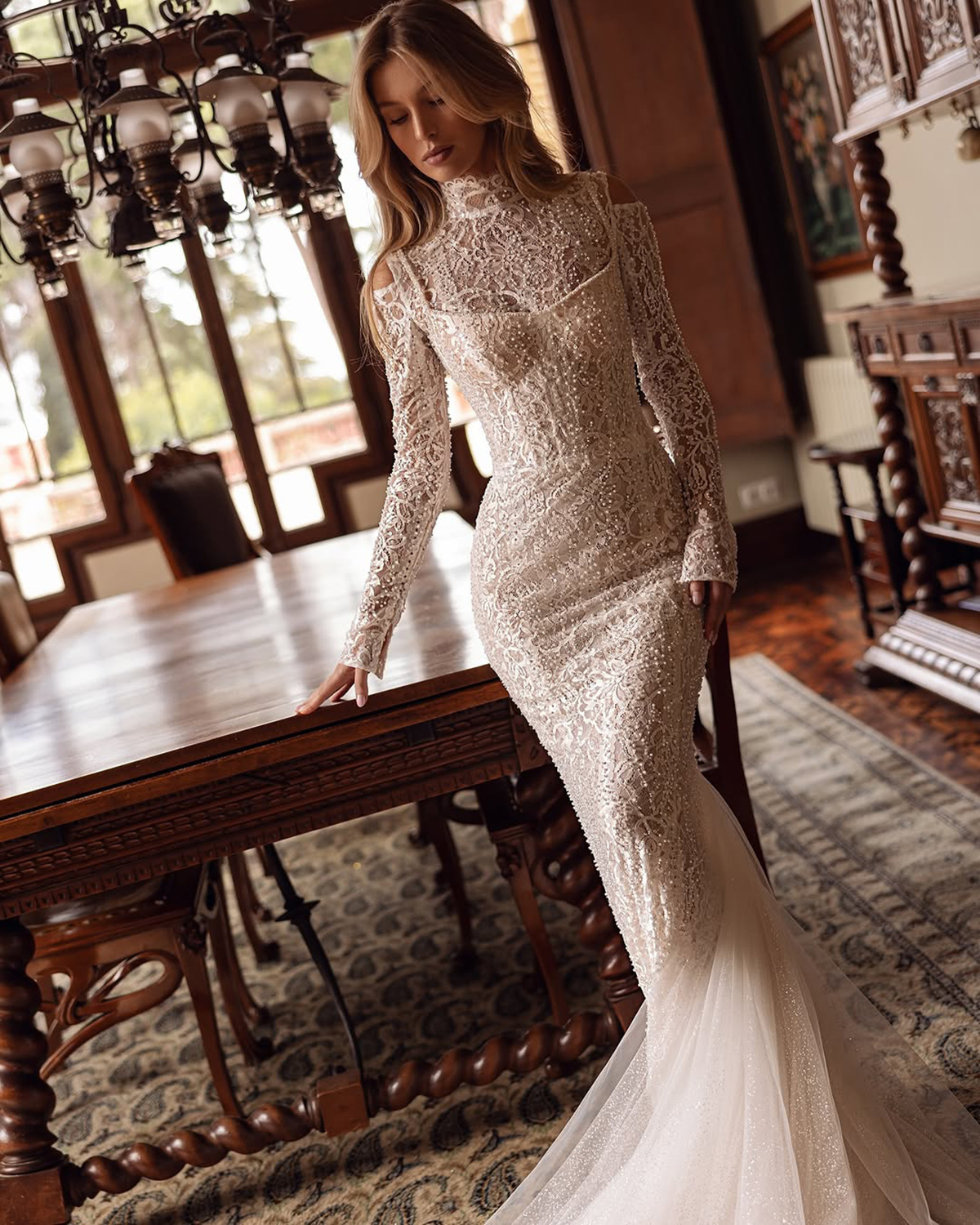 Modern Mermaid Wedding Dresses High Collar Long Sleeve Sequins Backless Appliques Beading Embroidery Lace Bridal Gowns Custom Made Vestidos De Novia