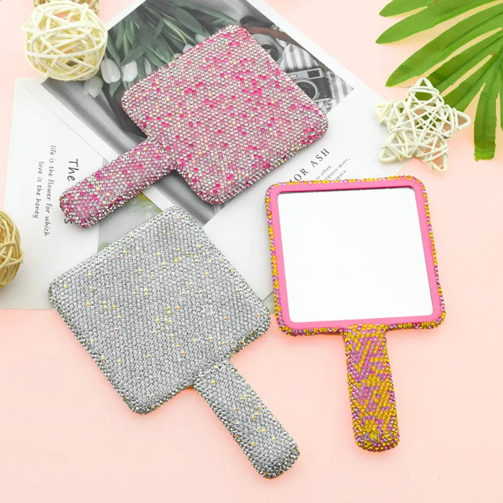 Diamond Handheld Makeup Mirror Love Heart Mirror Female Handle Makeup Cosmetic Beauty Tools Handheld Vanity Girls Make Up Mirror 241226