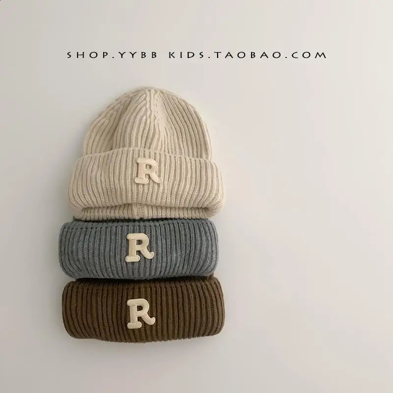 Boys Girls Knitted Hat Autumn And Winter Solid Color Versatile Letter Print Fashion Cap Childs Casual Warm Thickened 241225