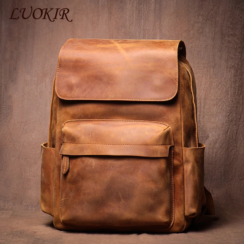 LUOKIR High Quality Genuine Leather Backpack Vintage Crazy Horse Cowhide School Bag Computer Knapsack For 15 Inch Laptop 241225