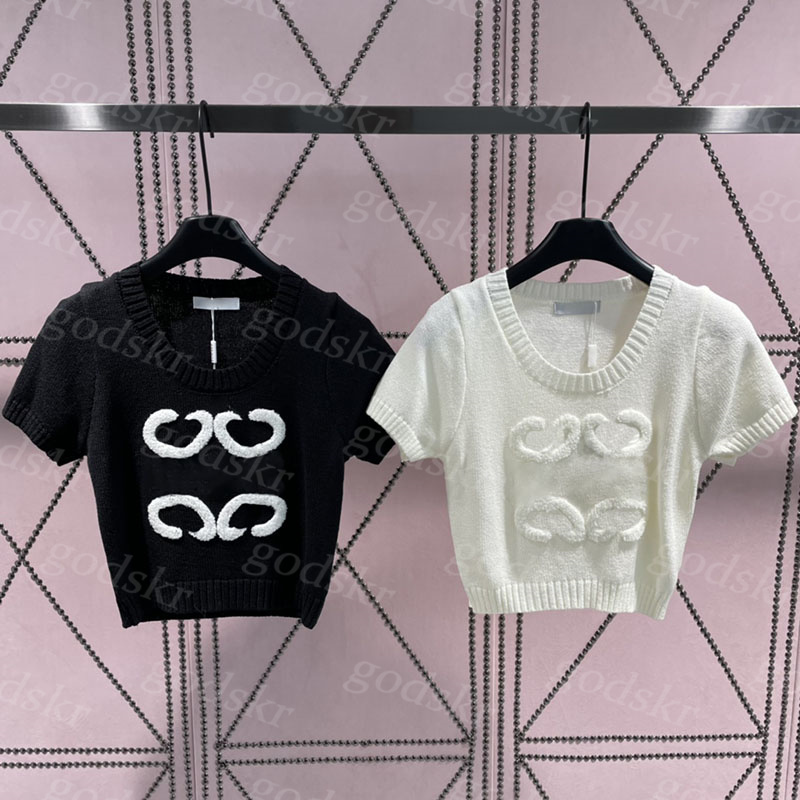 Jacquard Knitwear Women Classic Short Knit Shirt Sexy Big Crew Neck Sweater Spring Summer