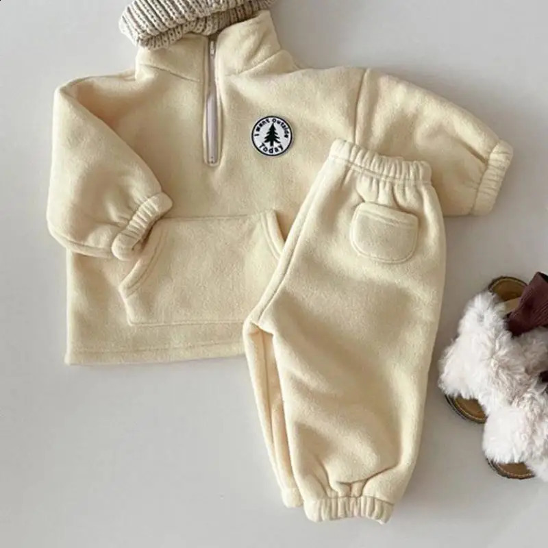 Autumn Baby Boys Clothing Sets Children Thicken Plush Clothes Girls Solid Cotton High Collar Tops Pant 2 Pieces Suits 241225
