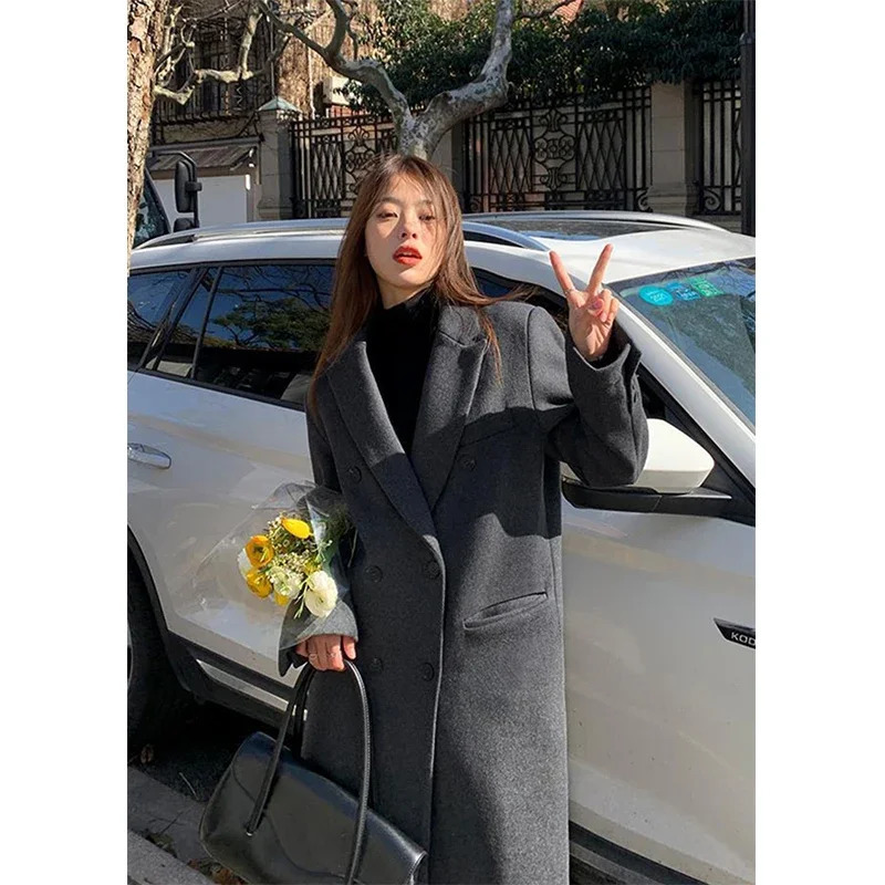 MEXZT Long Wool Blends Coat Streetwear Black Blazer Korean Quilted Woolen Jackets Winter Elegant Overcoat Thick Outerwear 241225