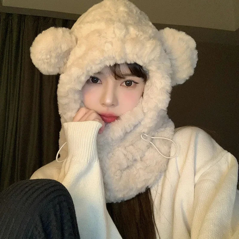 Women Winter Warm Hat Scarf Sets Plush Thickened All-in-one Kawaii Bear Ear Beanie Windproof Scarf Hooded Ear Protection Cap 241225