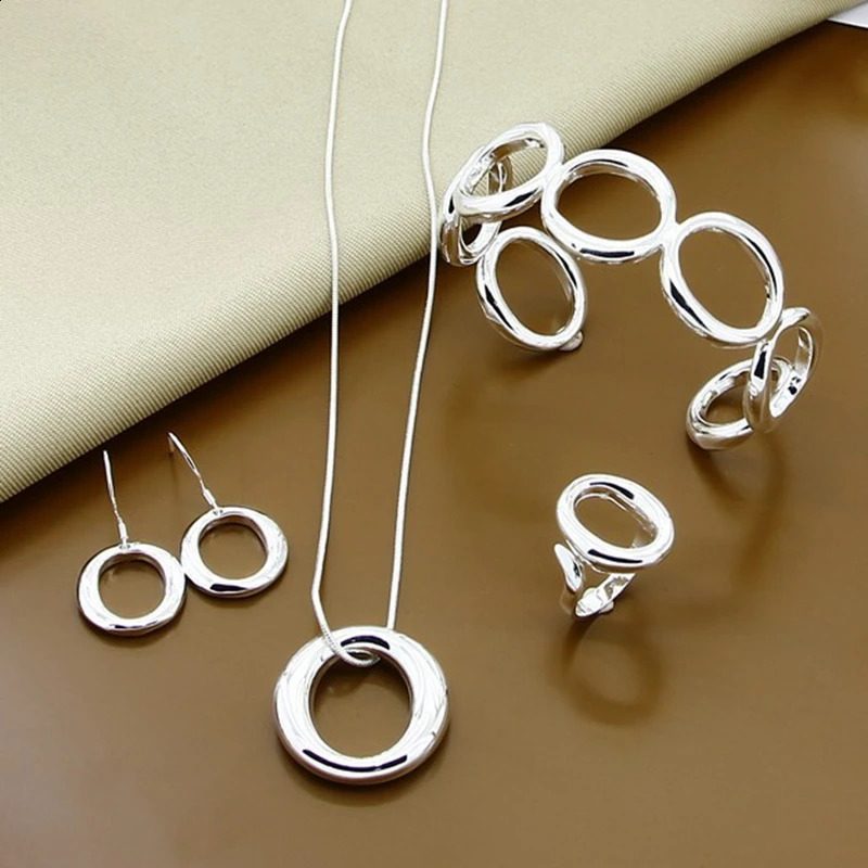 Jewelry Sets 925 Silver Fashion Simple Round Open Bangles Necklace Earrings Rings Set Top Quality 241226