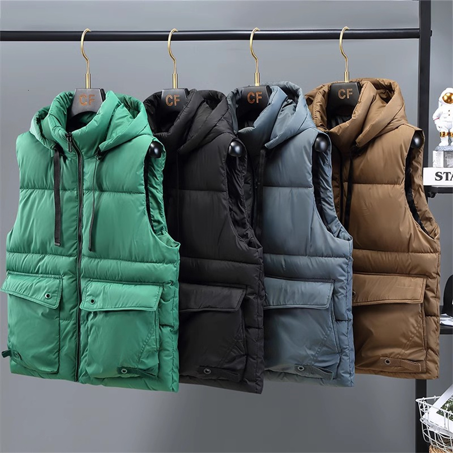 Green Men's Hooded Vest 2025 Winter Zipper Warm Stand Collar Waistcoat Men Cotton Padded Sleeveless Jackets With Big Pockets
