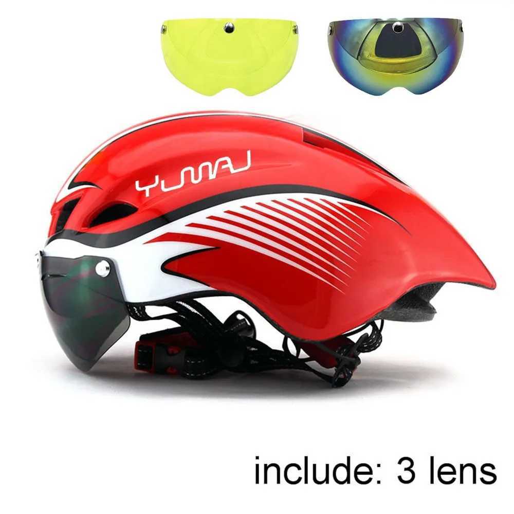 NEW 3 lens 290g Aero TT Road Bicycle Helmet Goggles Racing Cycling Bike Sports Safety TT Helmet in-mold Road Bike Cycling GoggleXJ241226