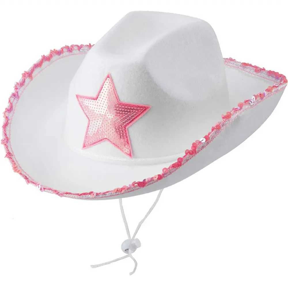 White denim hat pink star denim hat sequin decoration adjustable neck edge Dr String adult denim hat used for costume parties W241225