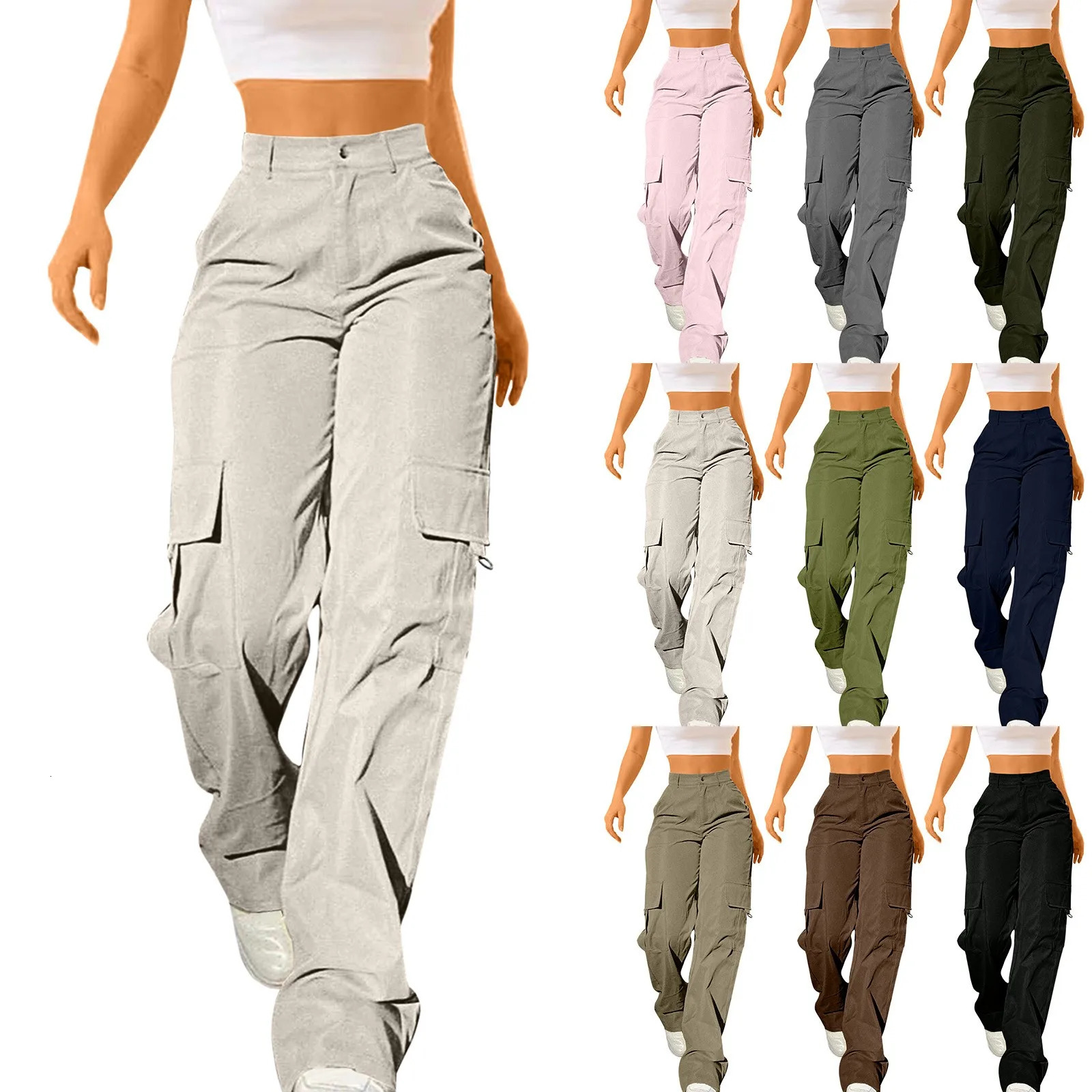 Womens Casual Pants Elastic Waist Fashion Straight Leg Trouser With Pockets Solid Color Loose Daily Long Trousers Cargo 241225