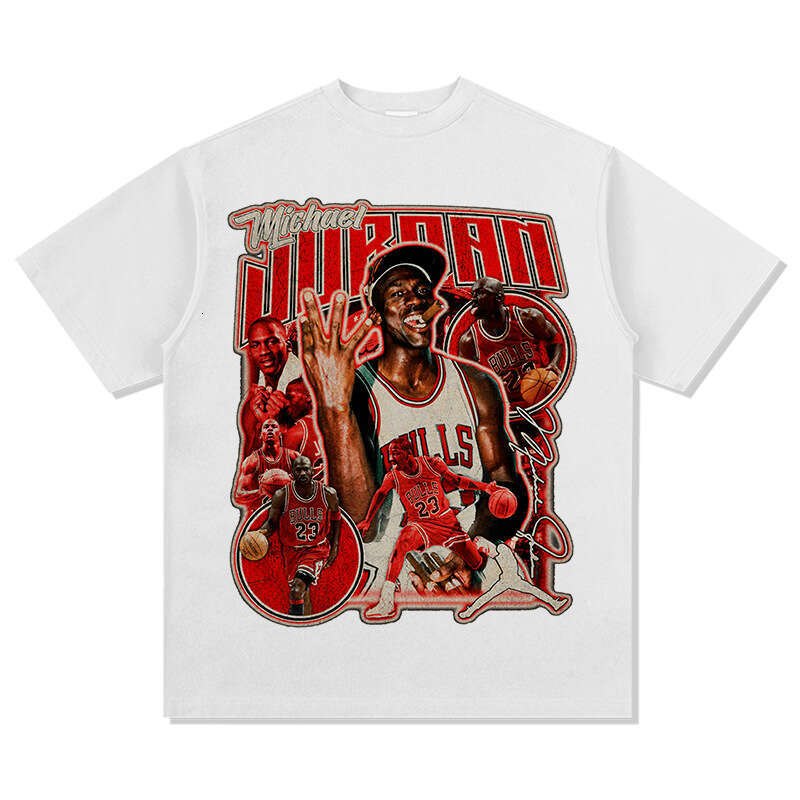 MJ Flying Man Printed Wide Short Sleeve T-shirt Washed American Pure Cotton Round Neck Hoodie