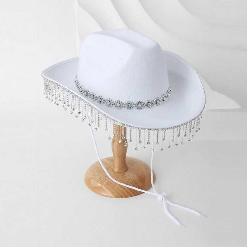 Womens denim hat with Rhinestone tassel decoration wide brown wedding hat for Fiancee shower engagement party wedding W241225