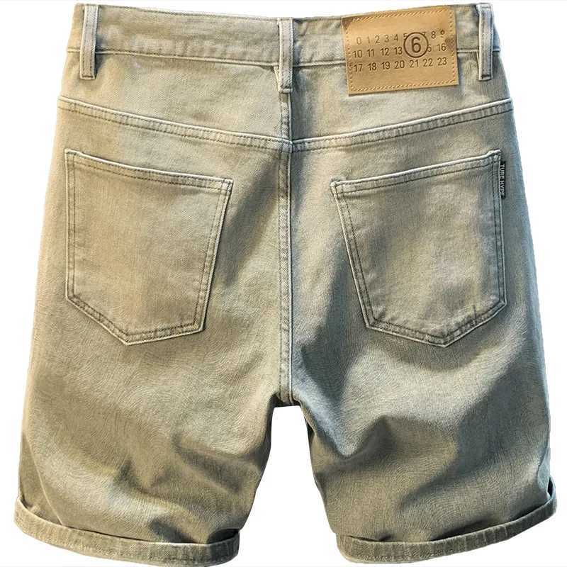 American denim shorts mens summer 2024 New Street fashion straight thin casual yellow mud dyed wash off retro cut pants W241226