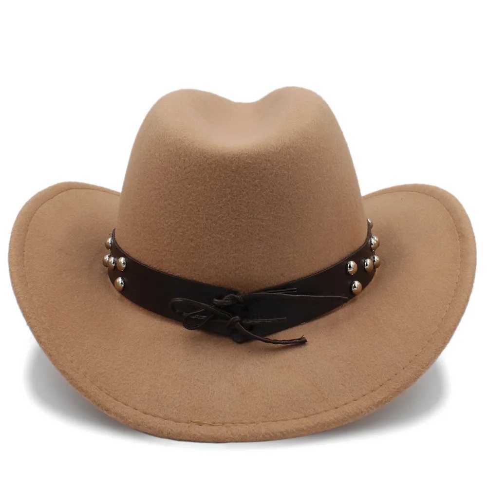 Womens mens wool Western cowboy hat rolled up Brim Gentleman Dad Jazz Equestrian Sombrero Hombre C size 56-58CM belt W241225