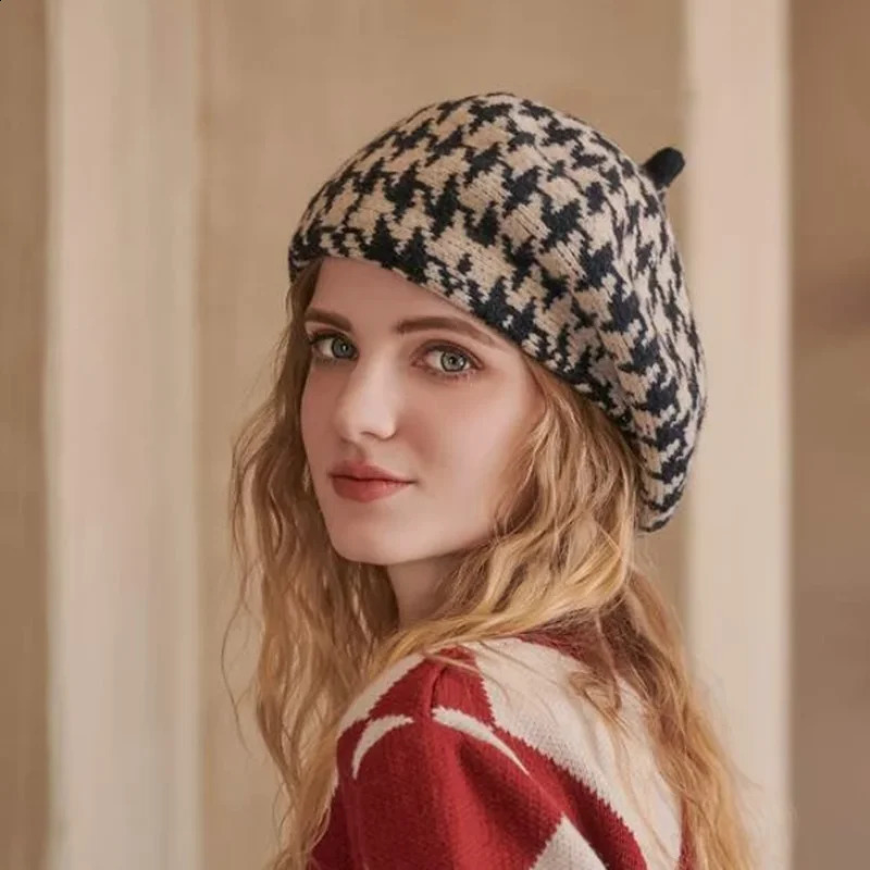 Autumn Winter Womens Thousand Bird Plaid Beret Style Beanie Knit Hat Warm keeping Fashion Artist Art Warm painter hat Cap 241226