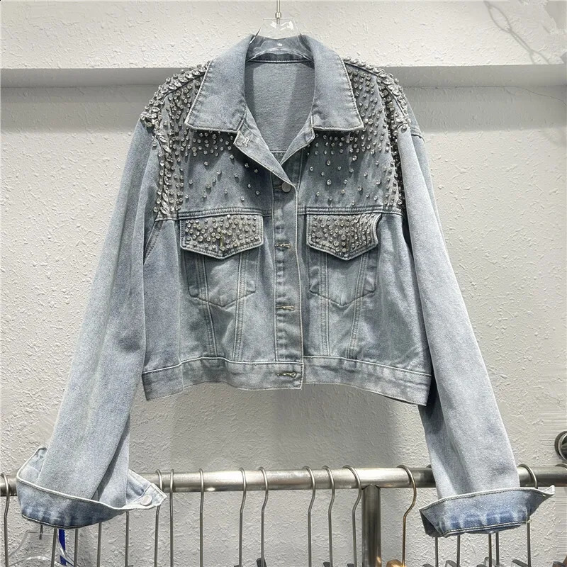 Light Blue Beaded Diamond Short Denim Jacket Women Spring Autumn Casual Lapel Long Sleeve Cow Outerwear Female Streetwear 241223