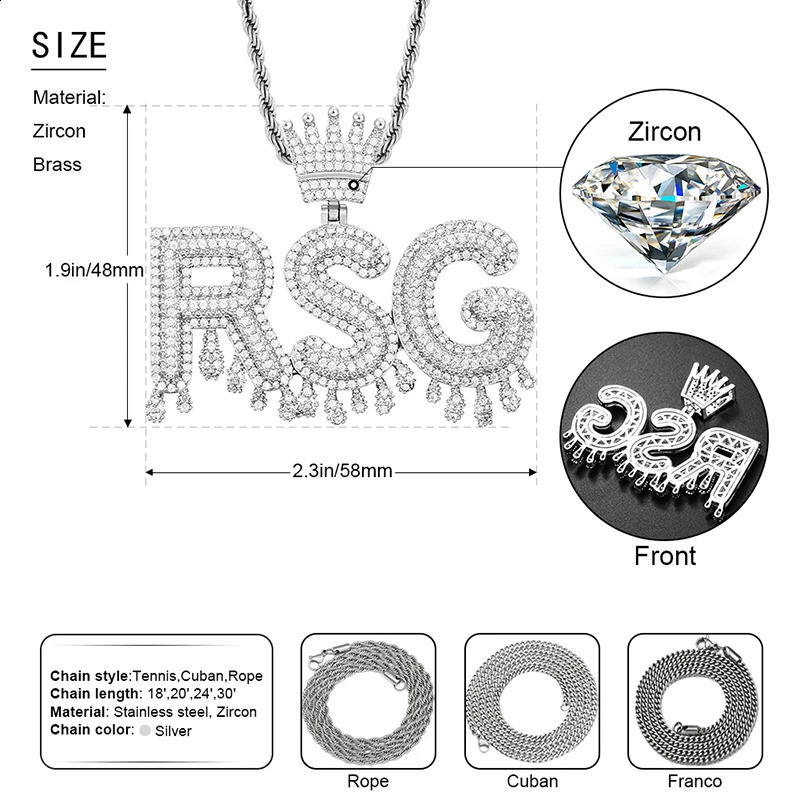 Iced Out Letter Custom Name Necklace Pendant For Men Hip Hop Jewelry Personalized Crown Drippy Cubic Zircon Charms Gift 241226
