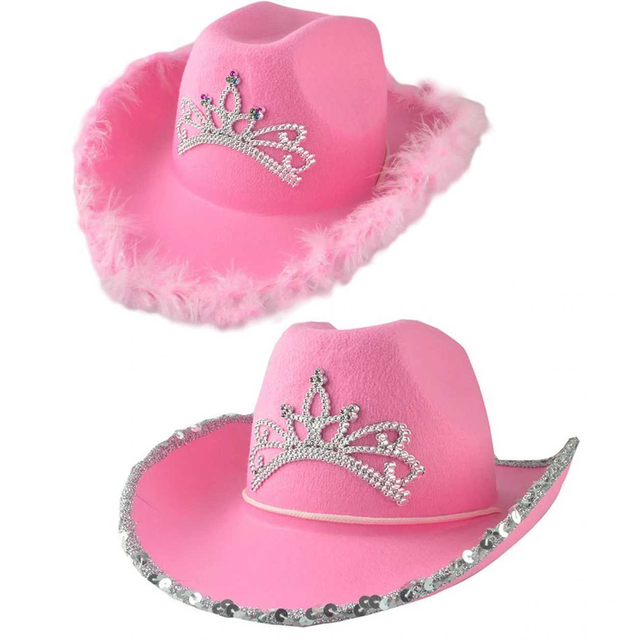 Crown Pink Cowboy Cs Western Cowgirl Hat for Women Girl Feather Edge/Shiny Opening Decoration Cowboy Hat Party Fedora C Cs W241225