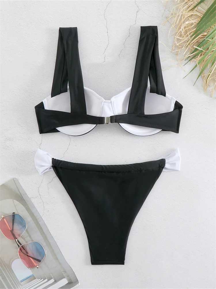 Push Up Black and White Splicing Bikini 2024 Sexy Comparison Underwear Ruffle T-shaped Swimsuit Brazilian Swimsuit Mini SwimsuitW241225