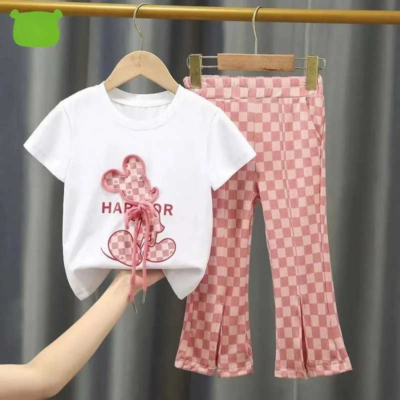 Clothing Sets Summer Baby Girls Clothes Set Toddler Kid Cartoon Bear T-shirt and Flared Pants Suit Children Short Sleeve Top Bottom TracksuitY241225DB