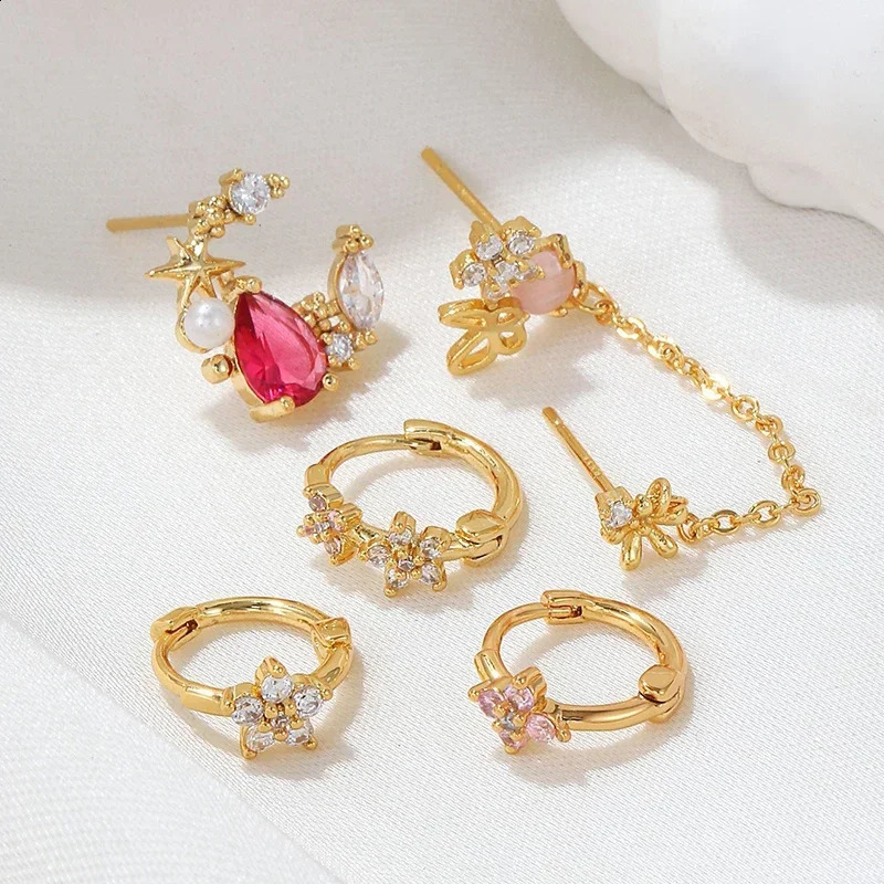 Exquisite Gold Color Flower Stud Chain Earrings Set for Women Cute Zircon Piercing Hoop Earring Fashion Korean Jewelry Wholesale 241226