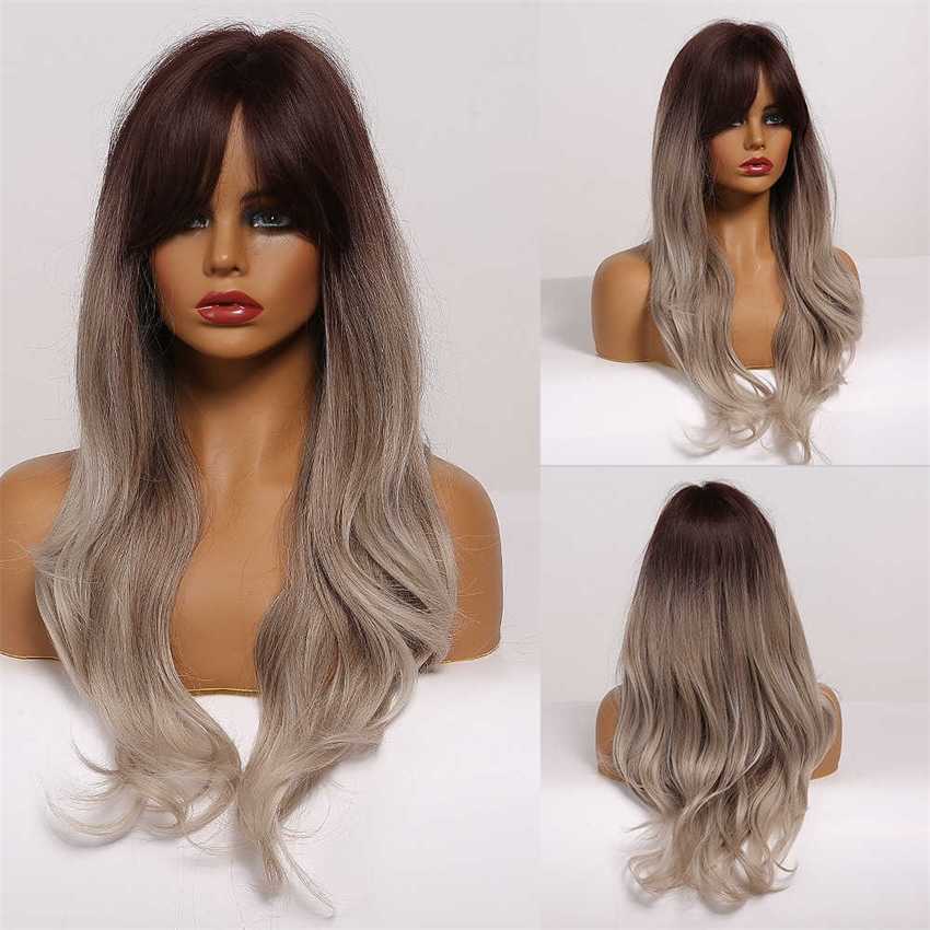 Synthetic Wigs Easihair Grey Ombre Wavy Wigs Long Synthetic for Women with Bangs Natural Hair Heat Resistant Cosplay 230227 Hair Wigs