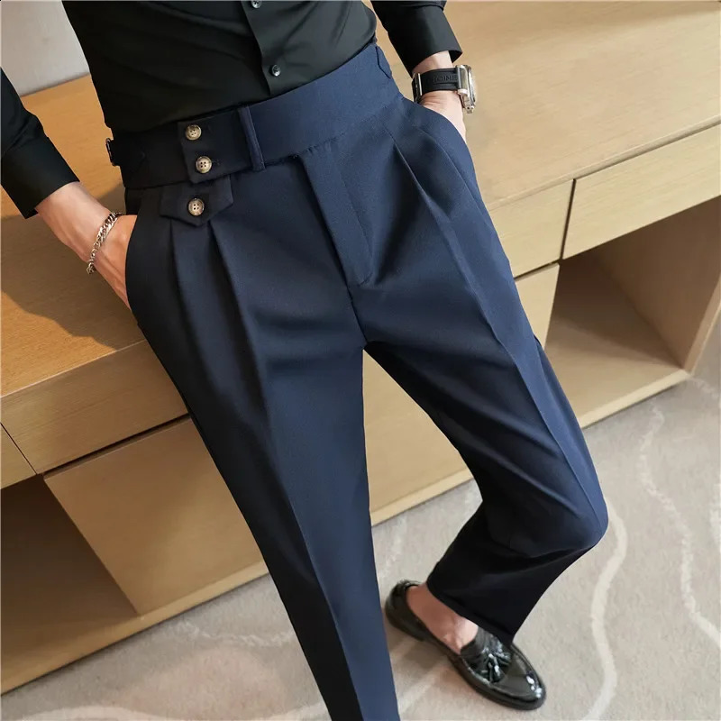 Spring Autumn Men High Waist Belt Casual Slim Formal Dress Pant Men Social Office Wedding Party Dress Suit Pants 260306