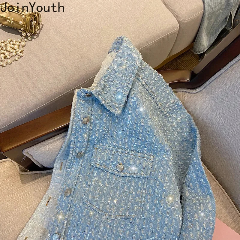 Streetwear Sequined Denim Coat Women Clothing Casual Korean Y2k Tops Ropa Mujer Long Sleeve Fashion Vintage Jackets 7o648 241223