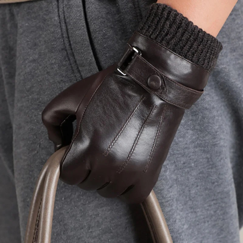 Knitted Rib Men Sheepskin Gloves Winter Motorcycle Top Quality 100% Genuine Leather Gloves Warm Full Finger Gloves Men Brown 241226