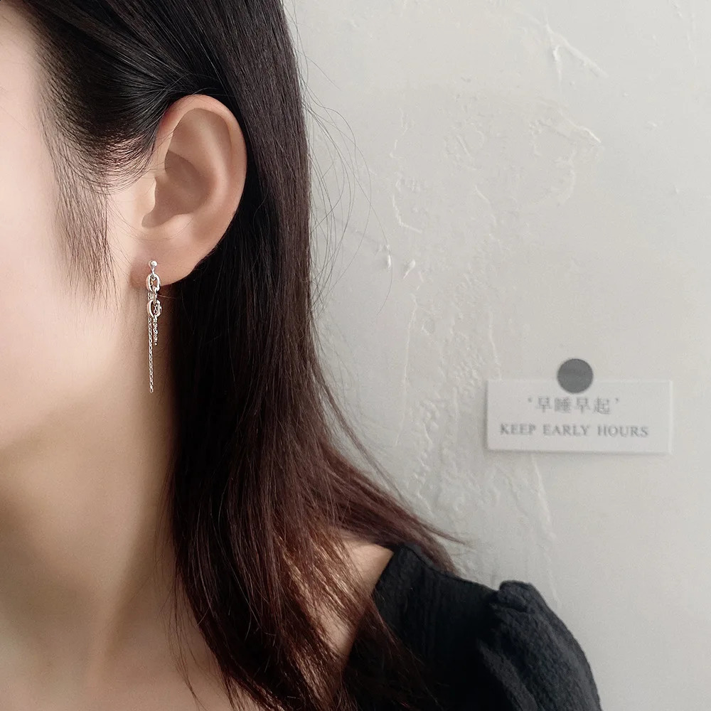 Asymmetrical Stud Earrings with S925 Silver Chain and Fringe - INS Fashion Jewelry for Nightclubs and Korean Net Red Girls 241226