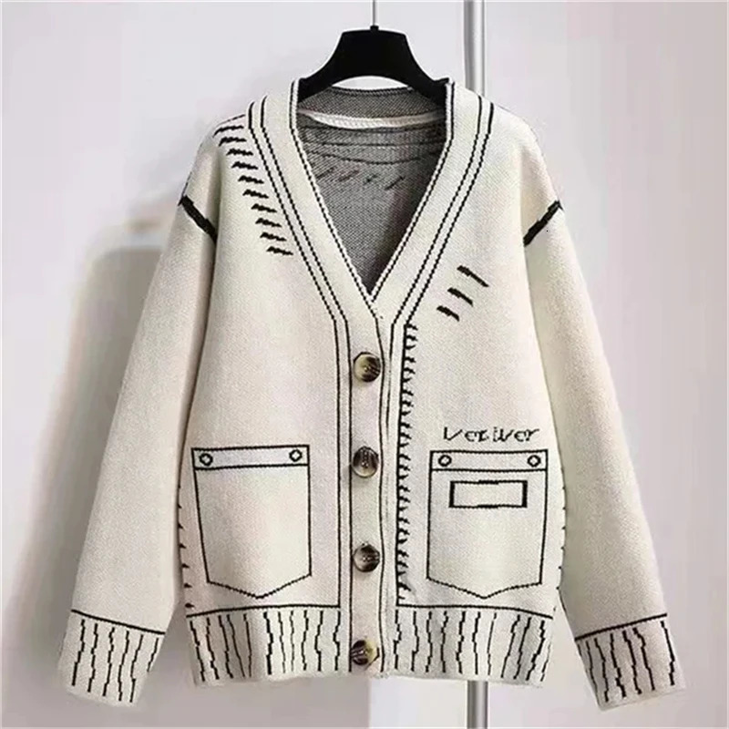 Print Graffiti Cardigan Women Long Sleeve Top Y2K Loose Vneck Sweater Autumn Winter Streetwear Knitted Female Cardigans Coat 241225