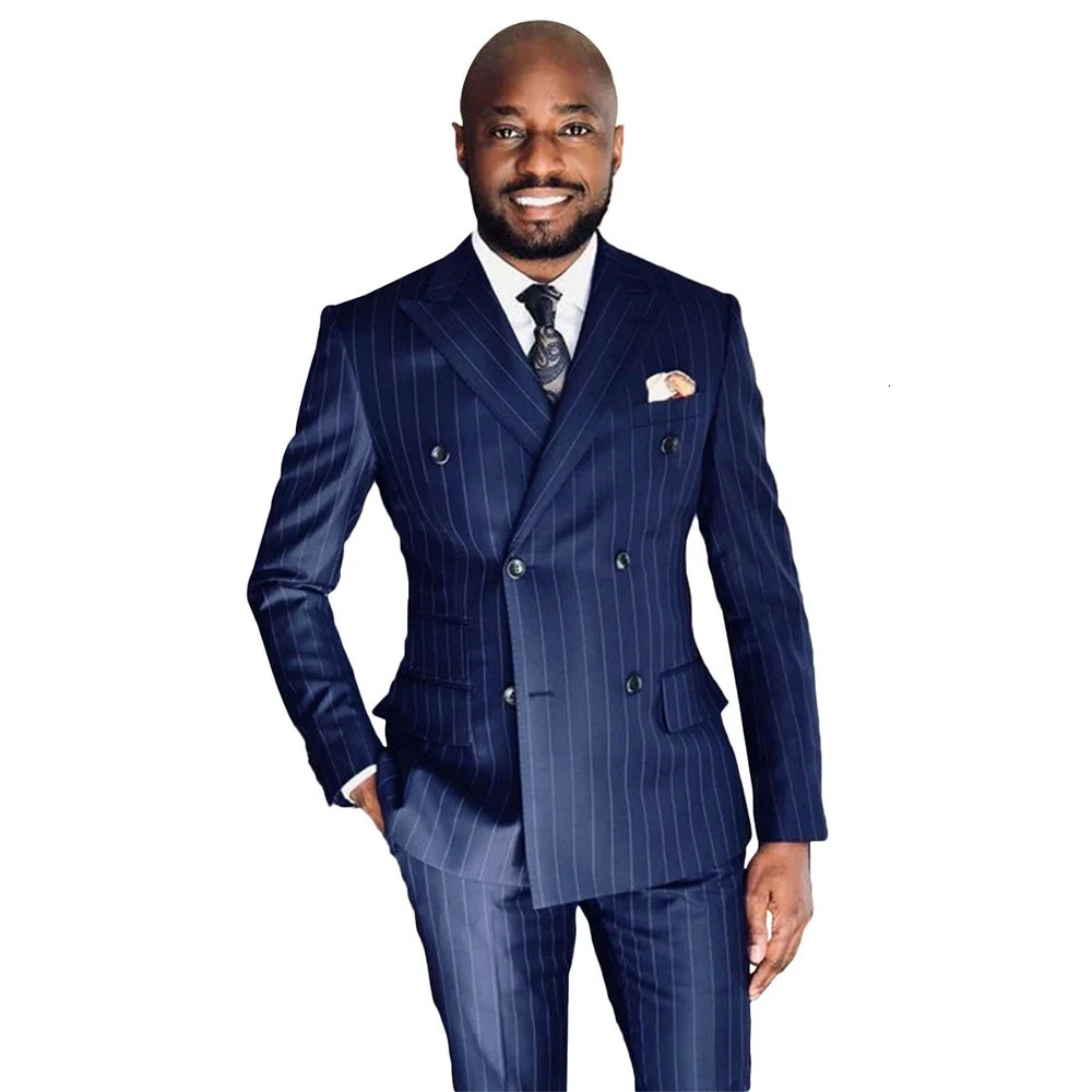 Arrival Blue Striped Male Suit Formal Casual Wedding 2 Pieces Business Lapel Double Breasted Blazer with Pants 241223