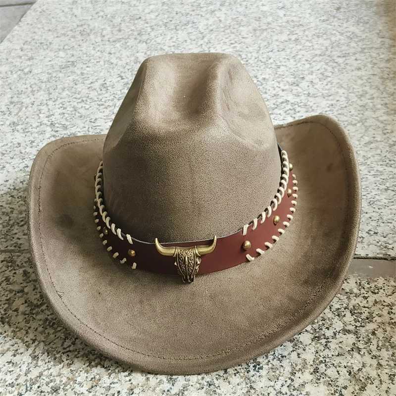 Suede Cowboy Hat Mens Belt Womens Winter New Double sided Convertible Western Cowboy Hat Retro Hat Wholesale Sombrero Vaquero Mujer W241225