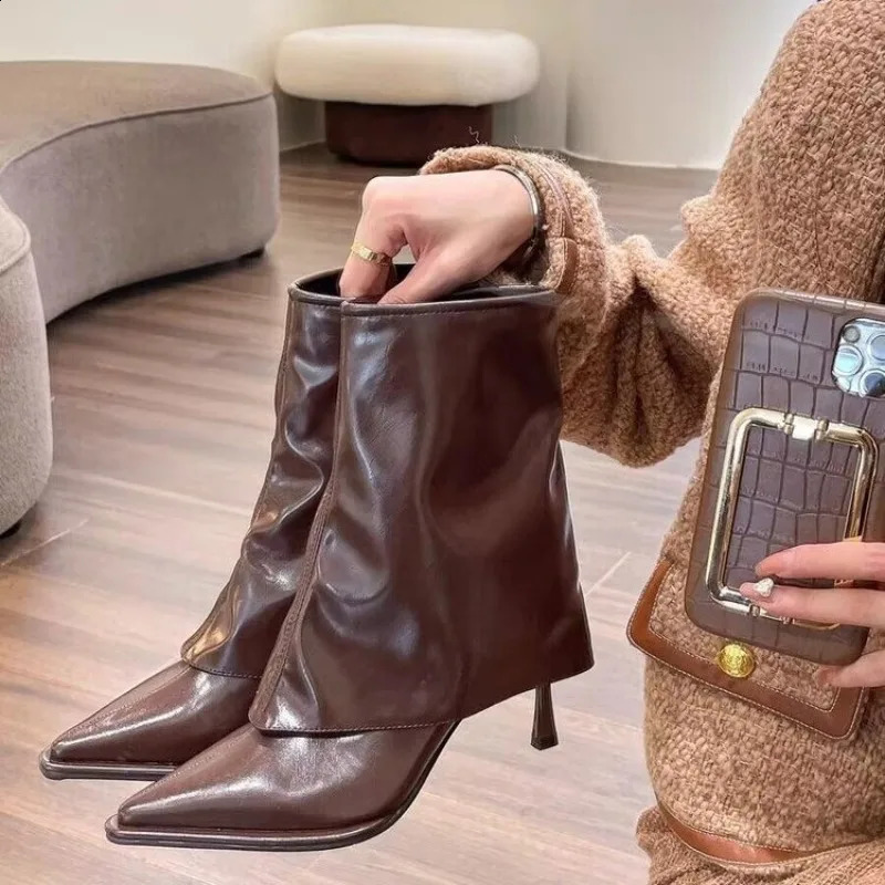 Ankle Boots Women Black Beige Brown Microfiber Leather Women Short Boots Pointed Toe Stiletto High Heel Winter Ladies Boots 241226