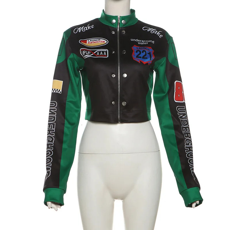 Printed Baseball Jackets Women Crop Varsity Coats Y2K Streetwear Cyber Racer Patchwork Winter Fall Clothing 241218