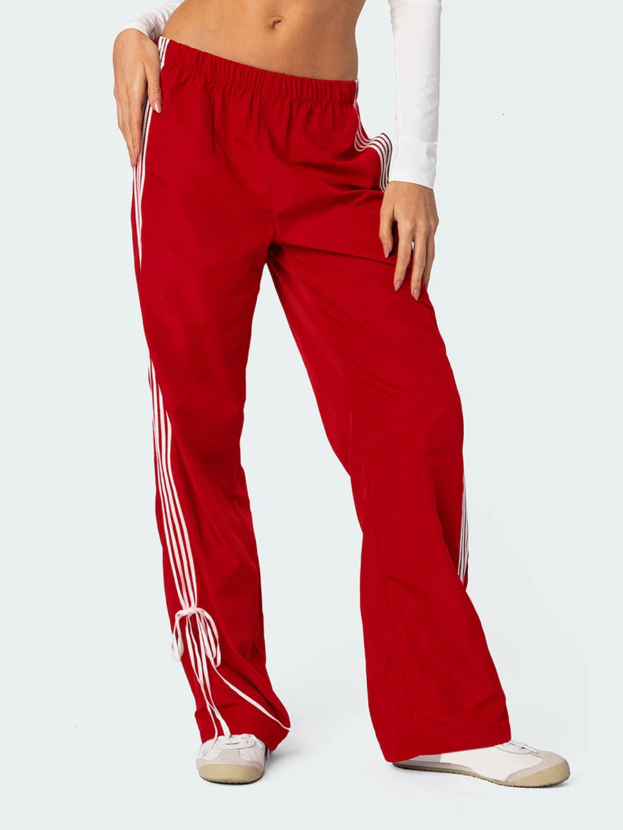 Women Side Striped Sweatpants Elastic Waist Bow Trim Wide Leg Track Pants Y2k Baggy Straight Trousers 241225