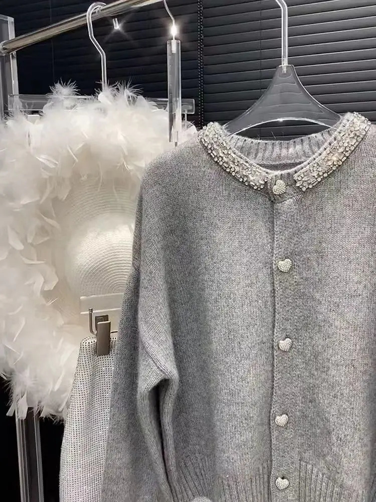 Sweaters for Women Heavy Diamond Knitted Cardigan Grey Tops Winter Clothes Pull Femme Love Jacket Feminino 241225