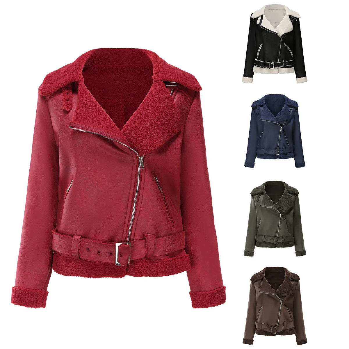 Autumn Winter Womens Leather Jacket Thicken Fur Integrated Warm Suede Female Belt Lapel Collar 241218
