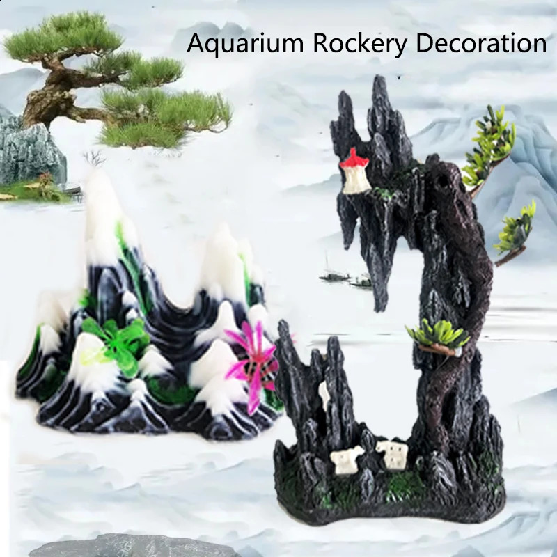 Resin Aquarium Rockery Mountain Decoration Artificial View Rock Cave Stone Tree Fish Tank Ornament Pet Supplies Home Decor 241225