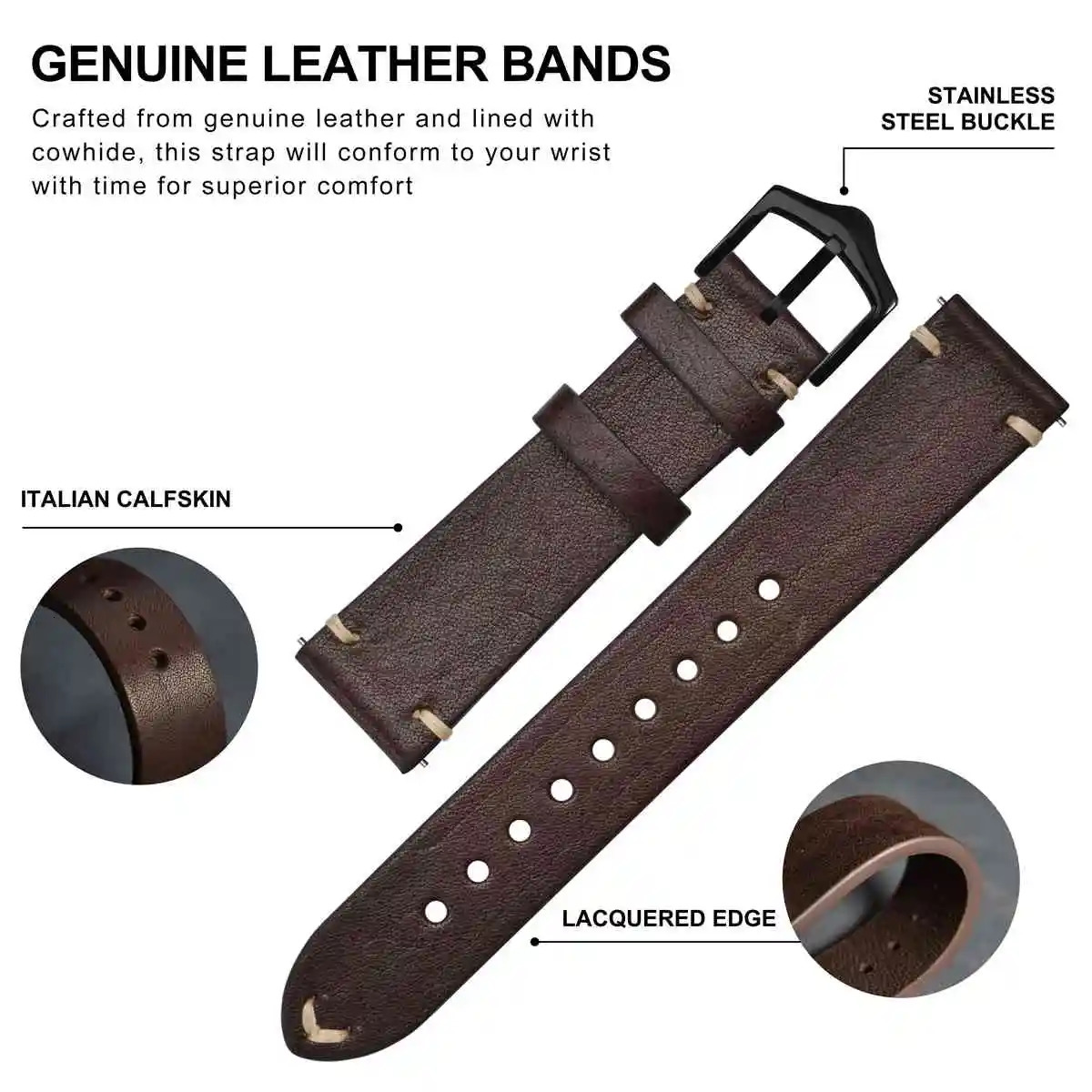 BISONSTRAP Crazy Horse Leather Watch Strap Bands18mm 20mm 22mmfor Smartwatch Green Brown 241225