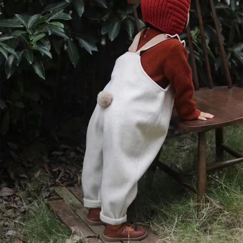 Retro Fashion Kids Over 2025 Spring Cute Rabbit Tail Girl Strap Pants Boys Baby Jumpsuit Years Childrens Clothing 241225