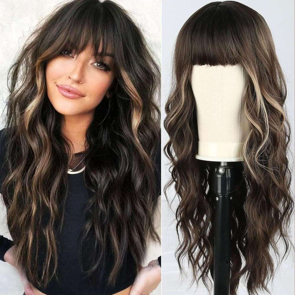 Wig, Girl, Bangs, Long Curly Hair, Big Waves, High-Temperature Silk, Synthetic Head Cover Kq1 Kq1