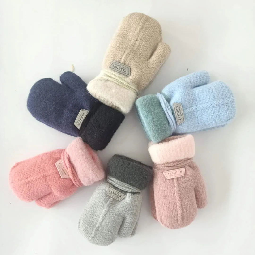 08 Years Baby Boys Girls Winter Knitted Gloves Warm Rope Full Finger Mittens for Children Solid Color Windproof 241225